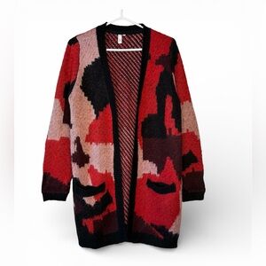 Women’s Open Front, Long Line, Two Front Pockets, Red Black Women's Sweater XL